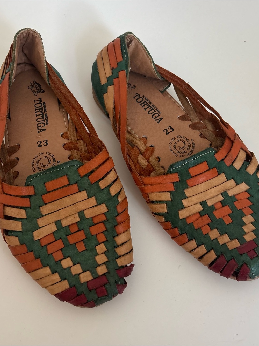 Boho Multicolor Woven Leather Huarache Flats - Green/Tan/Orange